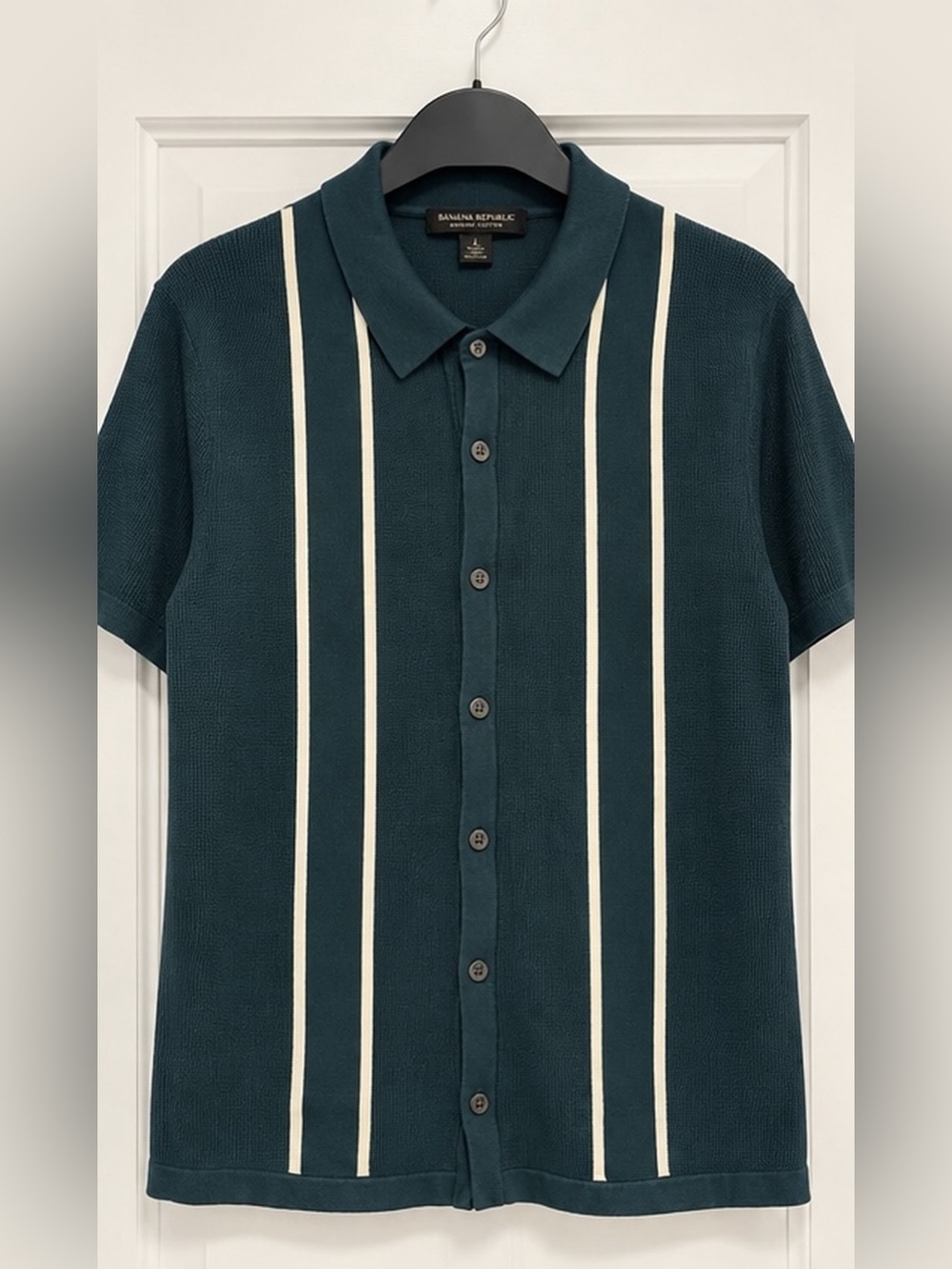 Banana Republic Men’s Large Organic Cotton Knit Polo Shirt Green Stripe Button